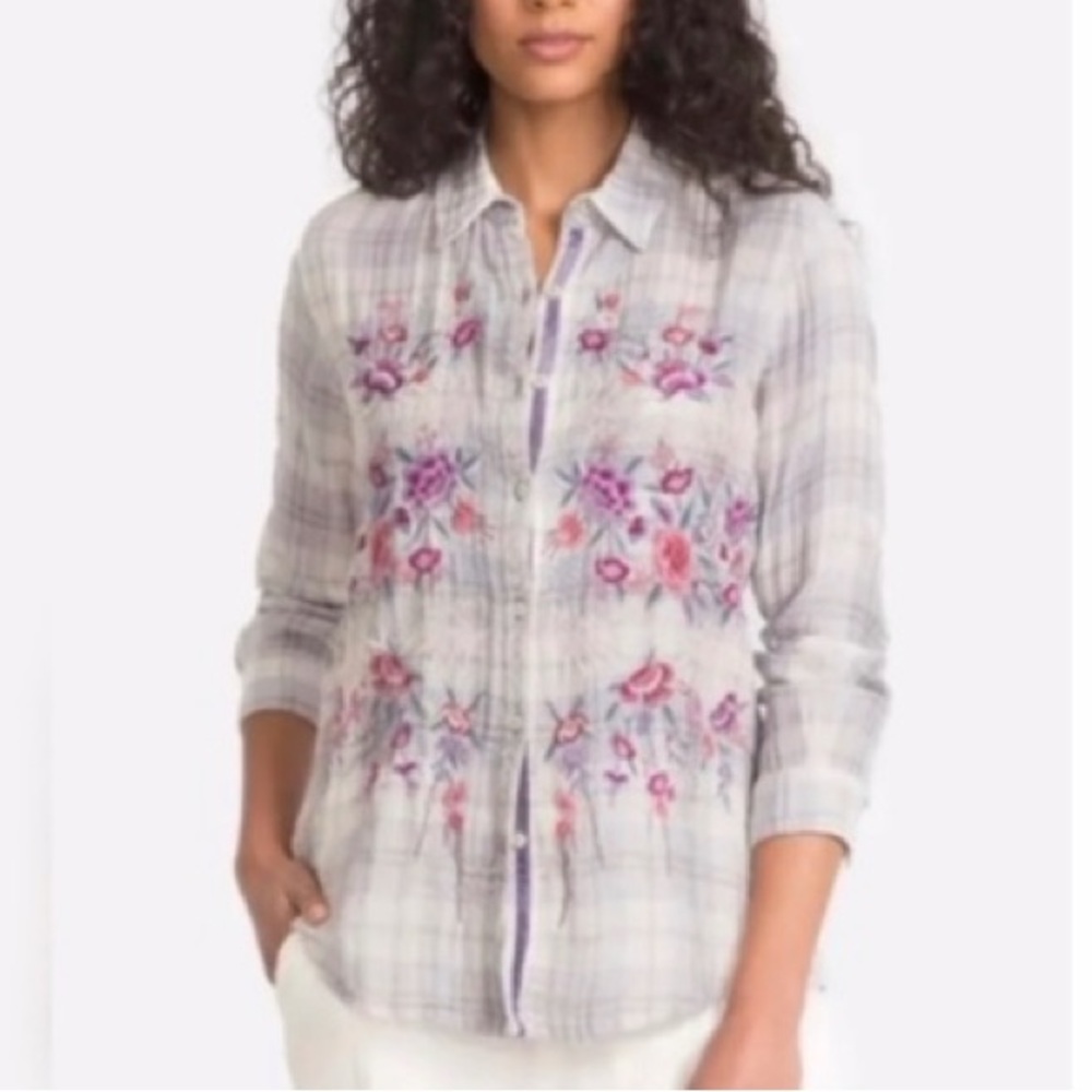 Johnny Was Caelynn Floral Embroidered Plaid Shirt Top Workshop Small Gauze Women